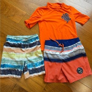 Orange Turtle Rashguard and Colorful Swim Shorts Set